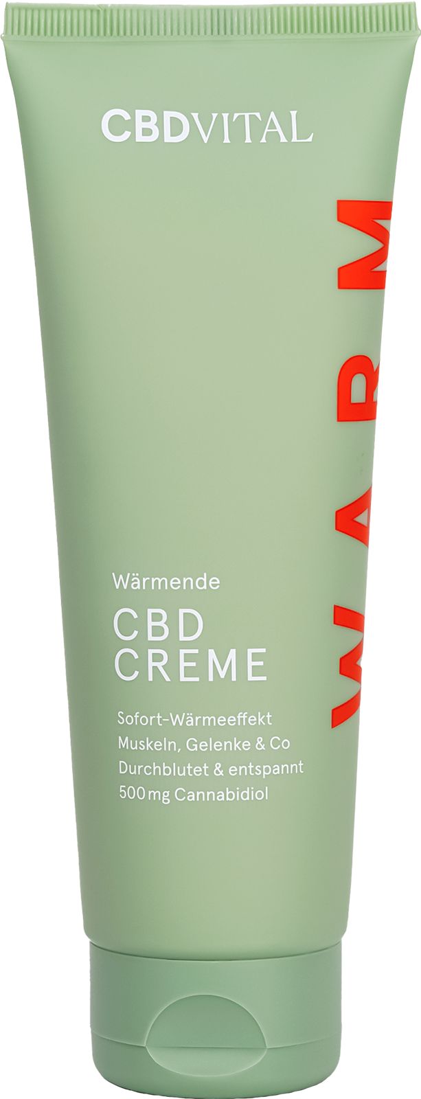 Grüne Tube mit roter Aufschrift WARM. Aufschrift: CBD CREME. Enthält CBD Creme.
