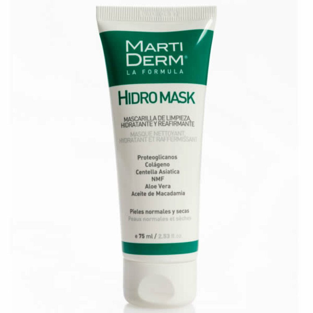 Weiße Tube mit grünem Deckel. Aufschrift: Marti Derm, Hidro Mask, Mascarilla de limpieza. Für normale bis trockene Haut.