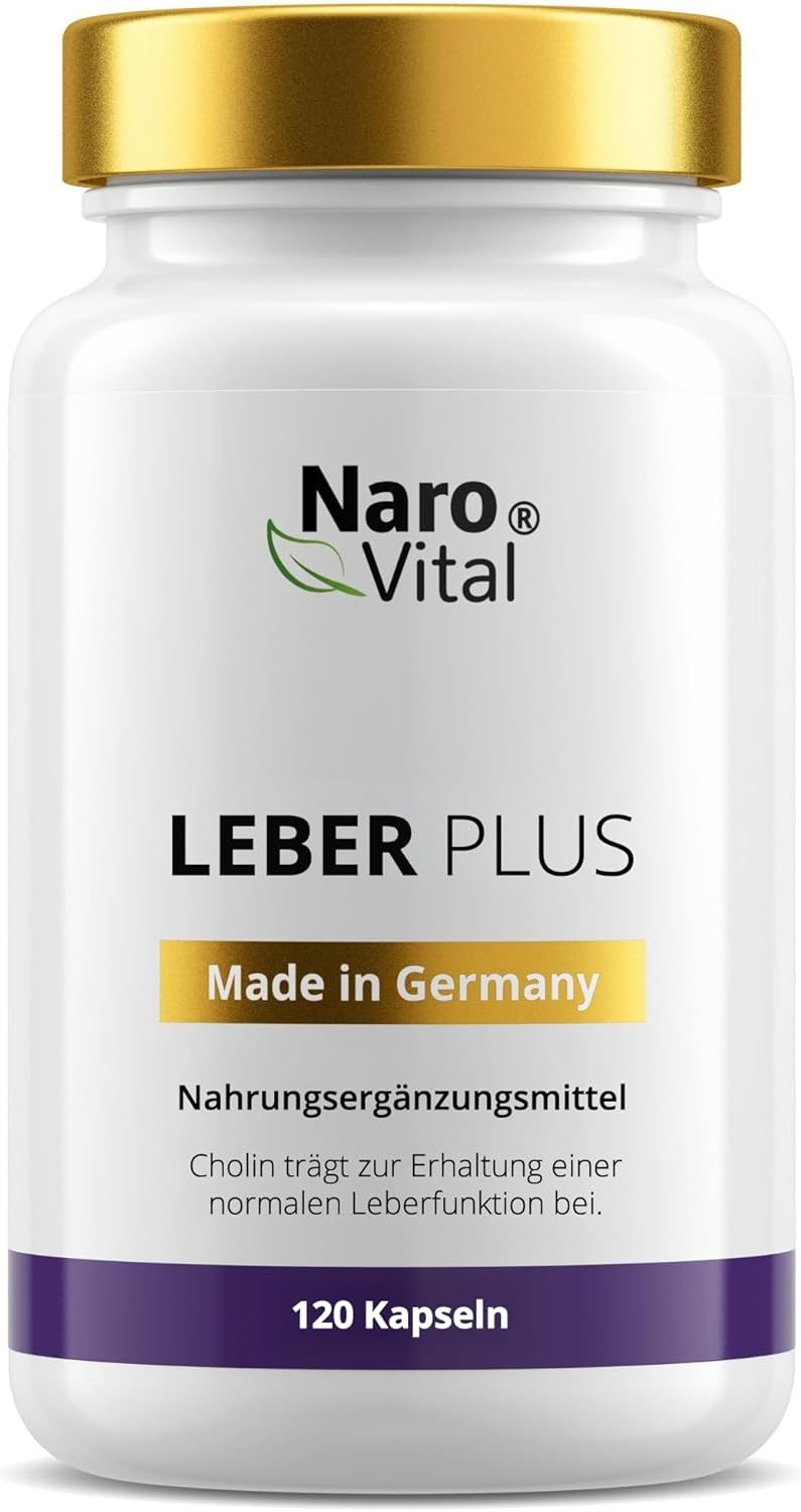 Weiße Flasche mit goldfarbenem Deckel. Aufschrift: Naro Vital, LEBER PLUS, Made in Germany, 120 Kapseln.