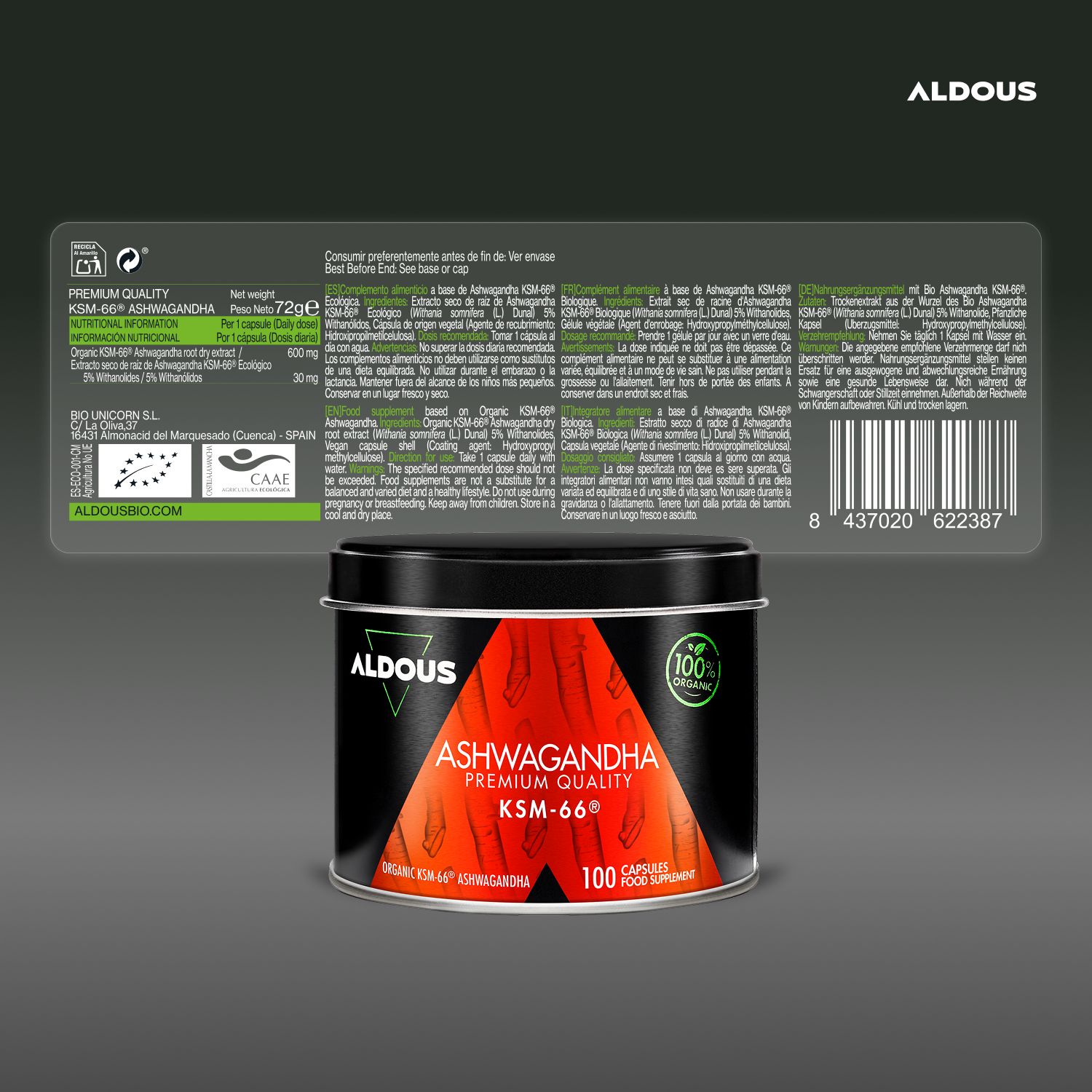 Aldous Ashwagandha KSM-66 Dose mit 100 Kapseln, Rückseite mit Nährwertangaben und Barcode.