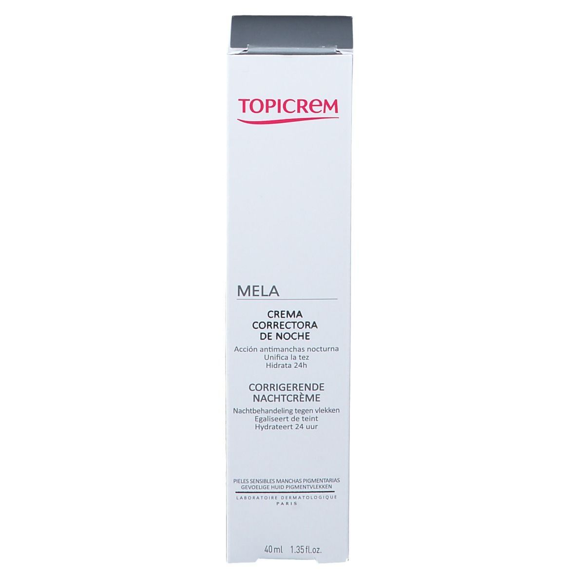 Emballage de la crème de nuit TOPICREM MELA. Boîte blanche avec texte: MELA, Corrective Night Cream.