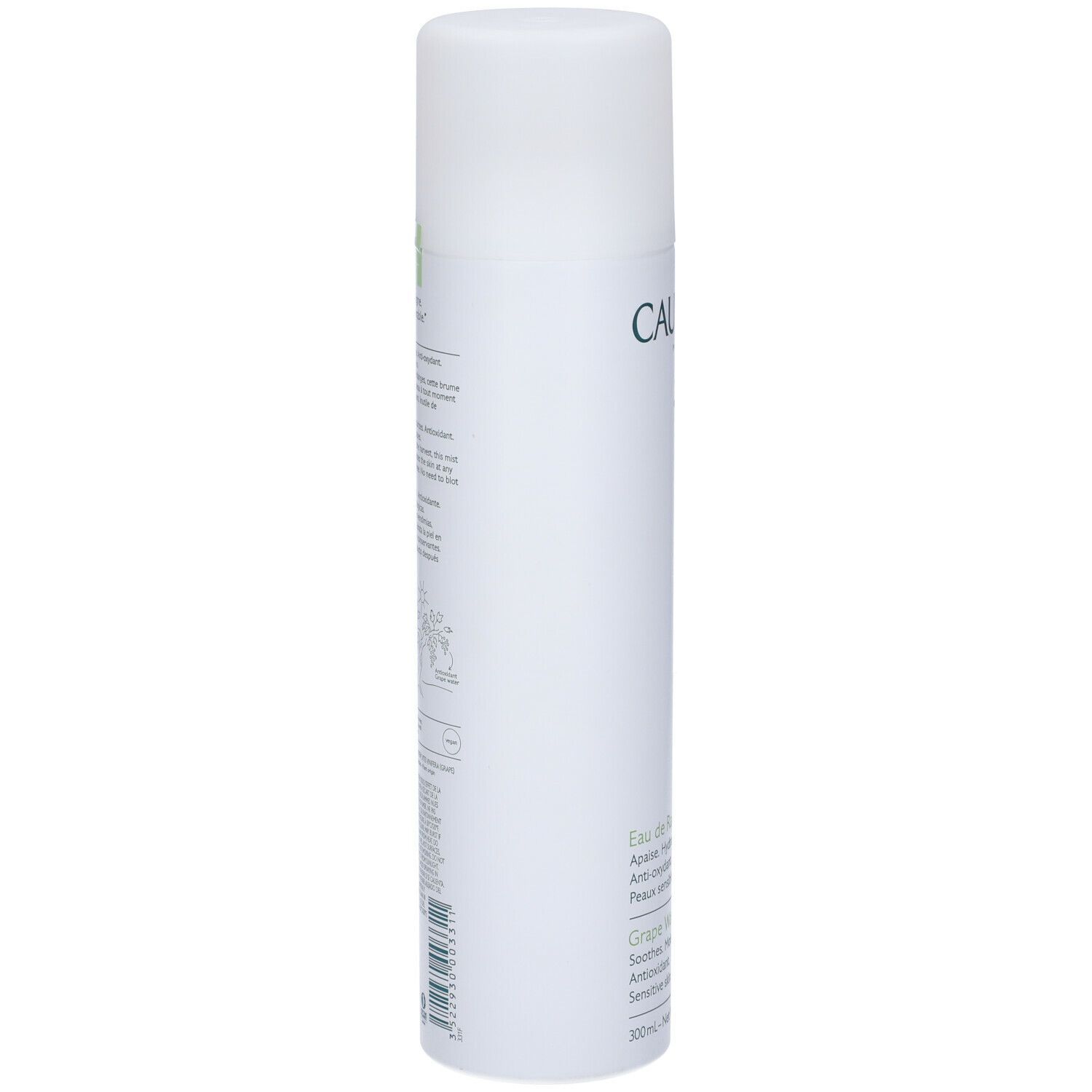 Spray Caudalie bianco. Scritta e testo sul lato. Flacone con erogatore spray. Retro con testo.