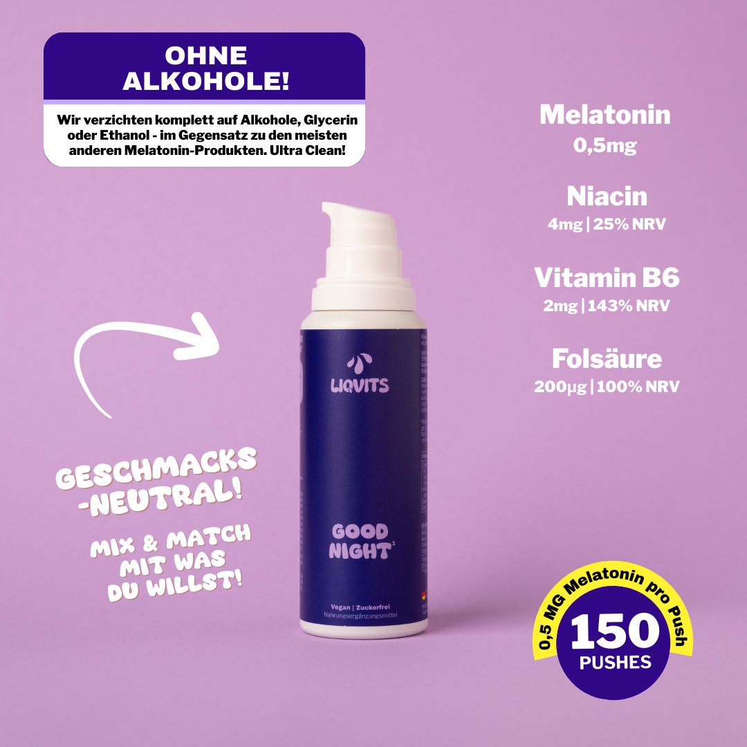 Blaue Flasche mit weißem Pumpkopf. Aufschrift: LIQVITS, GOOD NIGHT. Text und Inhaltsstoffe auf lila Hintergrund.