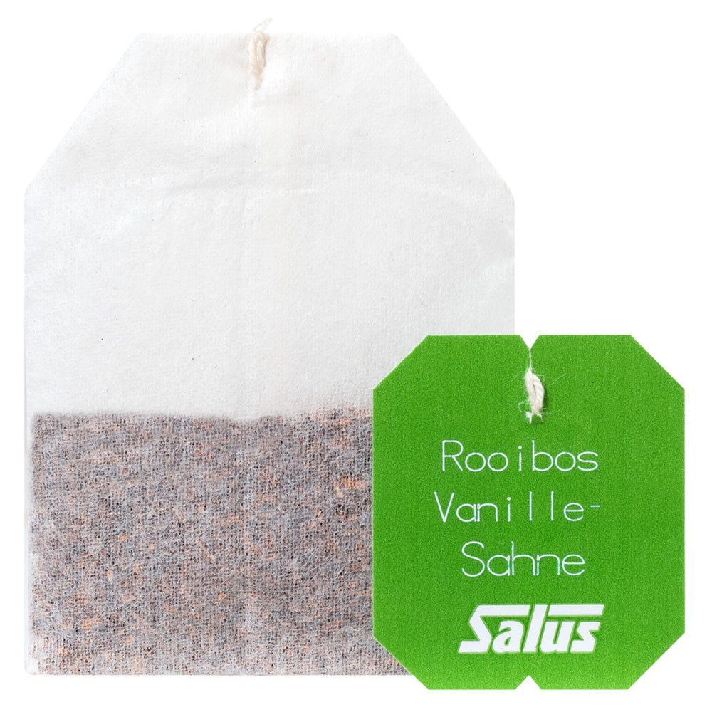 Teebeutel Salus® Rooibos Vanille-Sahne mit grünem Etikett. Aufschrift: Rooibos Vanille-Sahne, Salus. Teebeutel mit Faden.