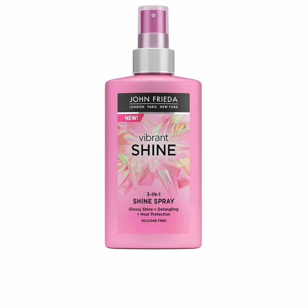 Rosa Flasche mit Sprühkopf. Aufschrift: John Frieda, Vibrant Shine, 3-in-1 Shine Spray. Enthält Glanz, Entwirrung, Hitzeschutz. Silikonfrei.