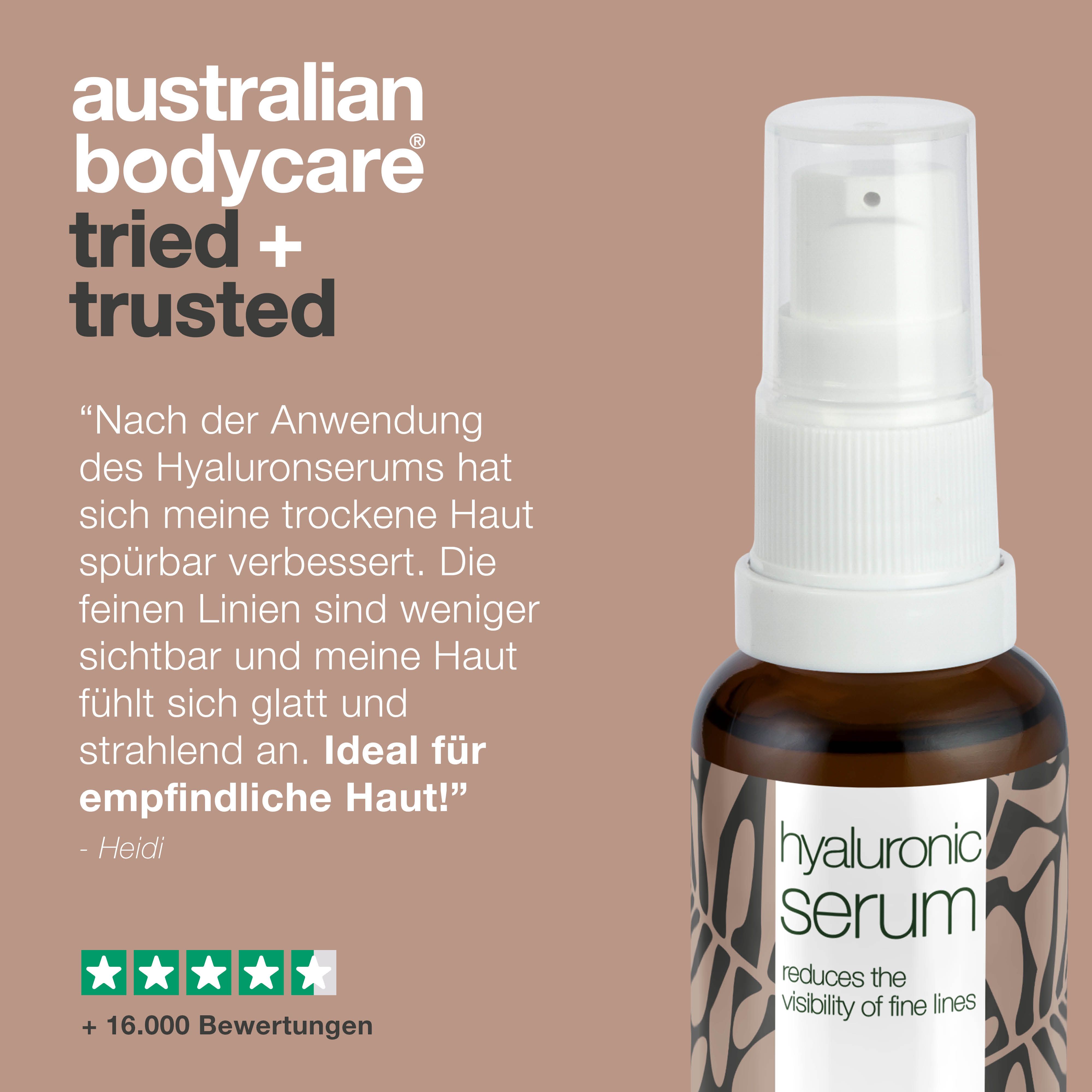Produkt und Text. Australian Bodycare tried + trusted. Zitat und Bewertungen. Hyaluronsäure Serum. Marke: Australian Bodycare.