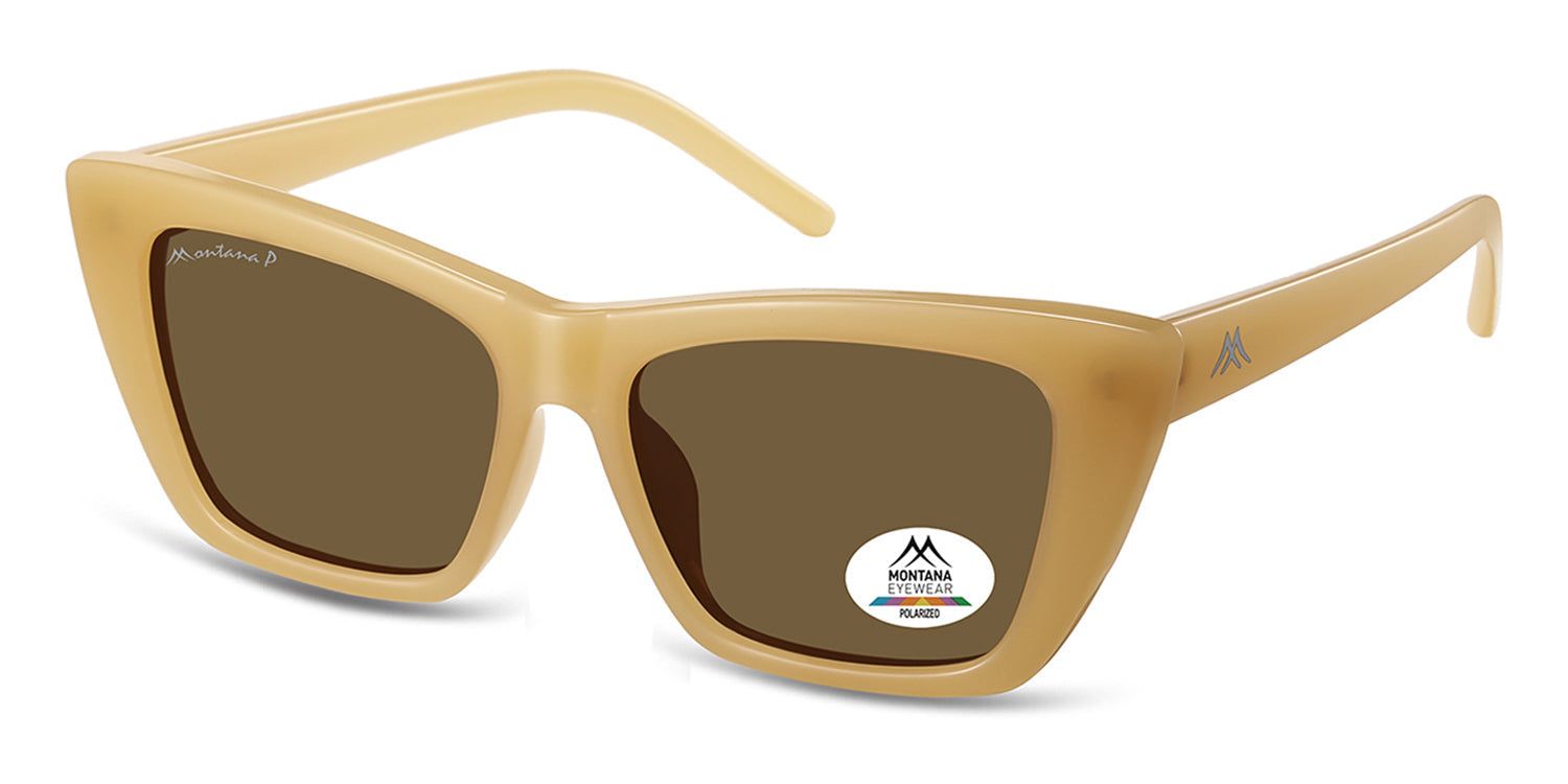 Sonnenbrille mit braunen Gläsern und beigem Rahmen. Montana Eyewear Logo auf dem Glas. Polariert.