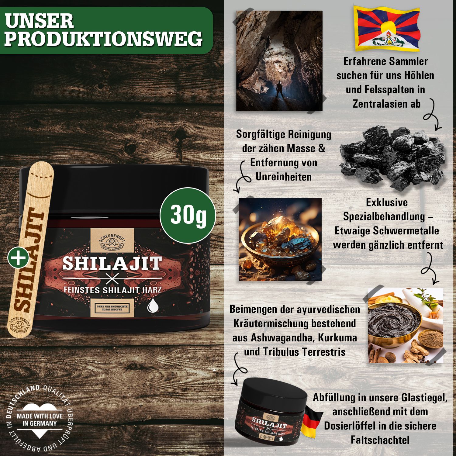 Scheunengut® Shilajit Harz | Das Original mit Dosierlöffel im Glastiegel 30 g Gel zum Einnehmen