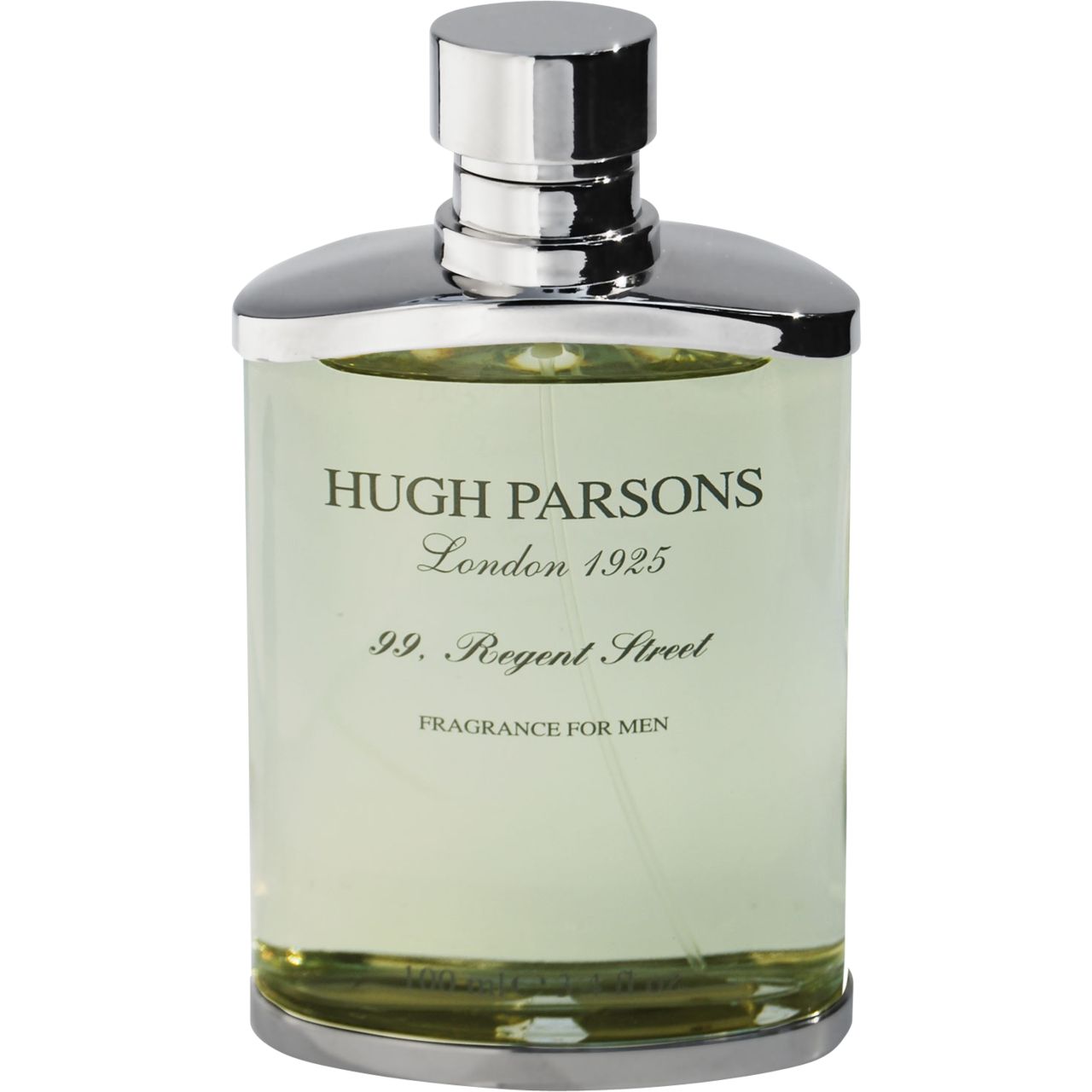 Flakon mit silbernem Verschluss. Aufschrift: Hugh Parsons London 1925, 99. Regent Street, Fragrance for Men. Klarer Inhalt.