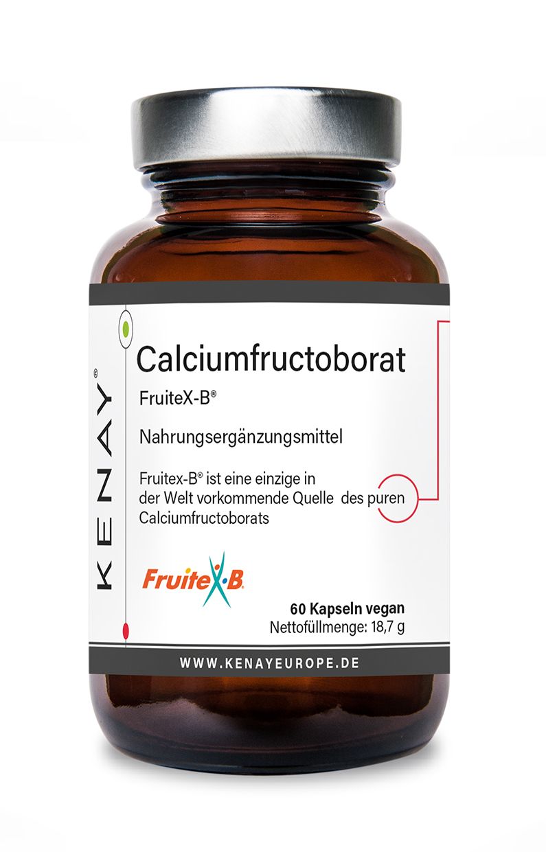 Braune Glasflasche mit weißem Etikett. Aufschrift: Calciumfructoborat, FruiteX-B®, Nahrungsergänzungsmittel, 60 Kapseln vegan. Marke: KENAY®.