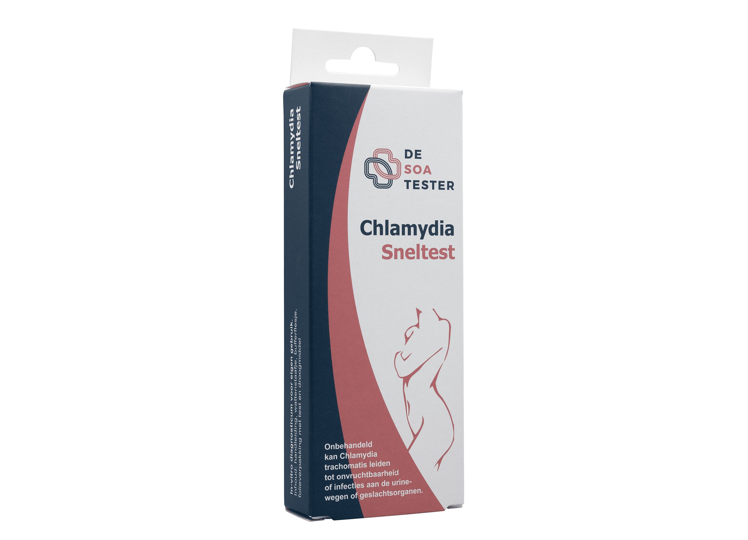 Verpackung eines Chlamydien-Schnelltests für Frauen mit dem Logo 'De Soa Tester'.