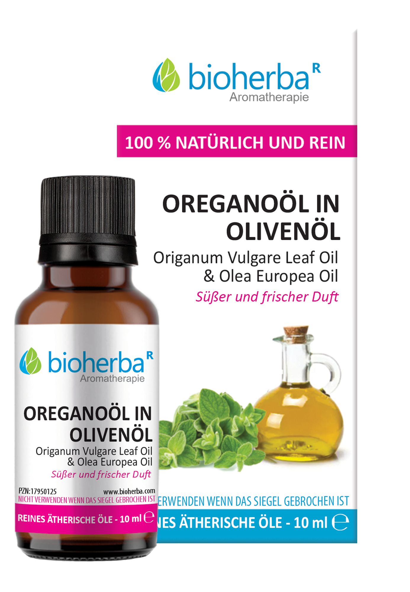 Braune Glasflasche mit schwarzem Deckel. Aufschrift: Oreganoöl in Olivenöl. Verpackung mit Produktabbildung und Text.