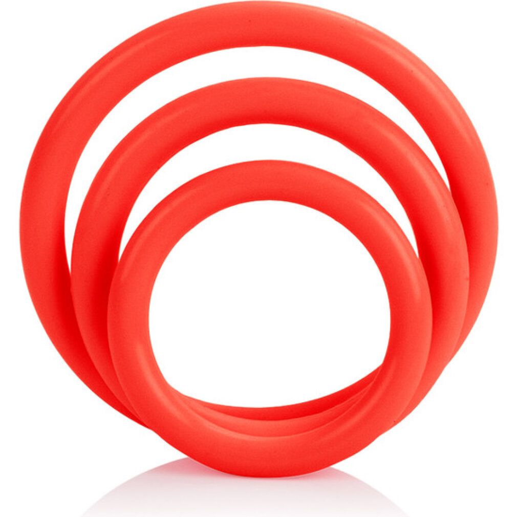 Drei rote Ringe in verschiedenen Größen. Aus Gummi oder Silikon.