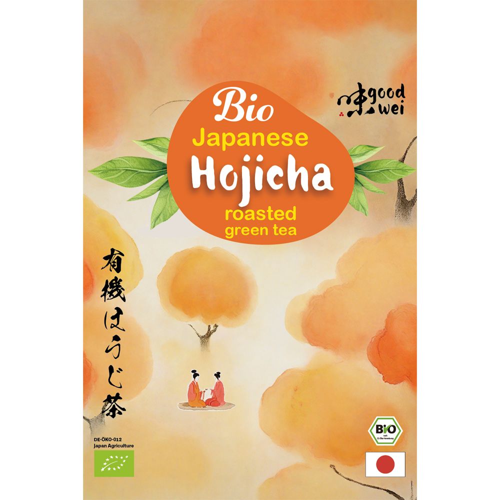 Verpackung von Goodwei Bio Hojicha. Orangefarbener Hintergrund mit Produktnamen und japanischen Schriftzeichen. Bio-Siegel und japanische Flagge.