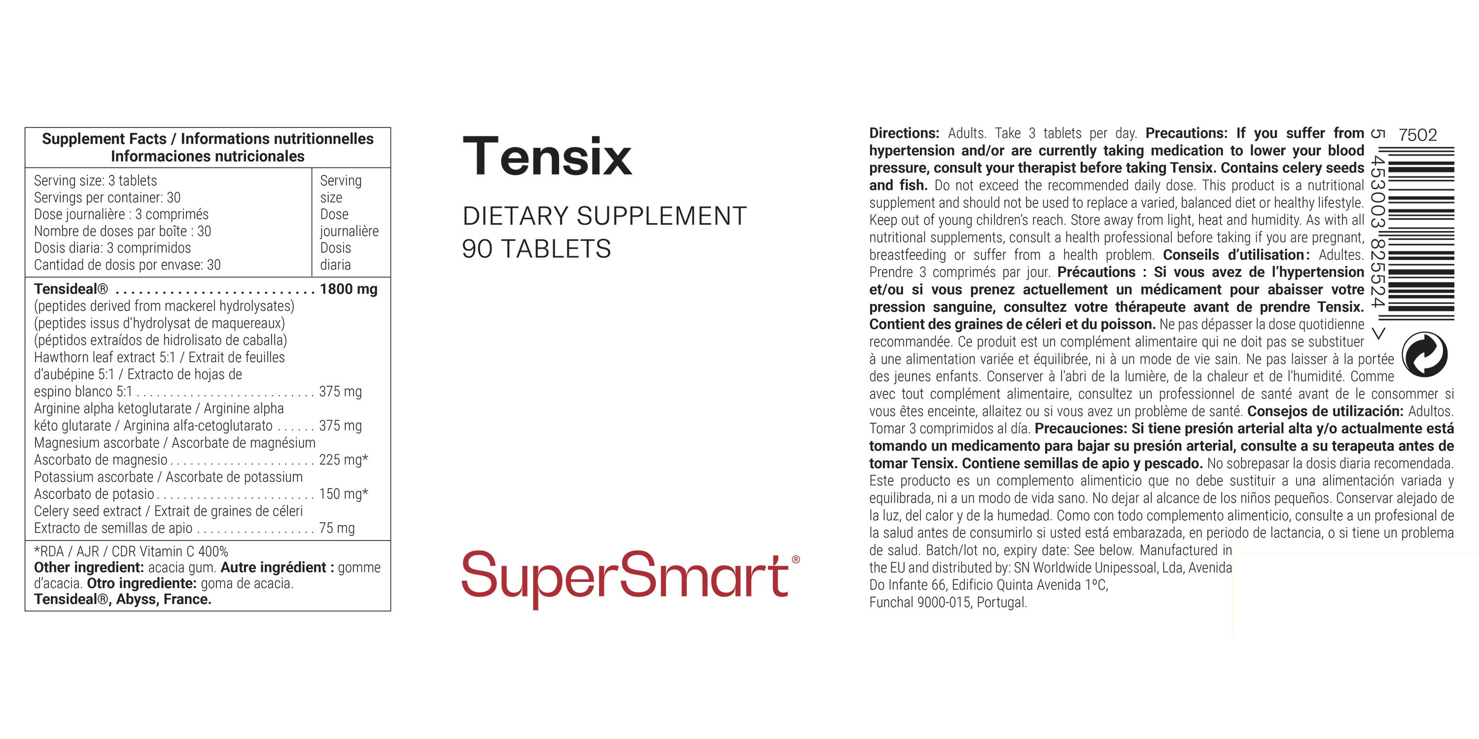 Etikett mit Produktinformationen. Enthält Text zu Inhaltsstoffen und Dosierung. Marke: Tensix, SuperSmart.
