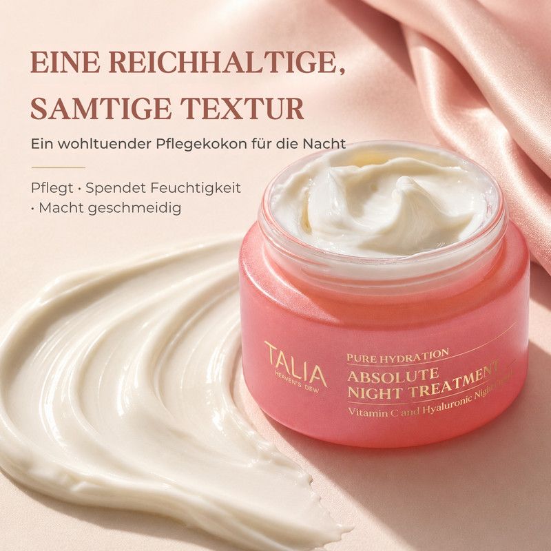 Ein offenes Glas mit reichhaltiger, cremiger Textur. Beschriftung: 'Talia Pure Hydration Absolute Night Treatment'.