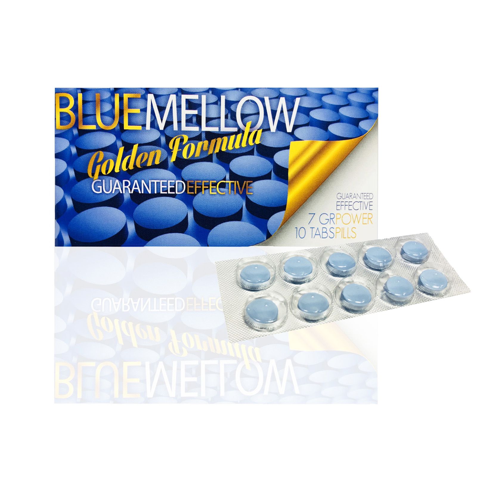 Blisterpackung mit blauen Tabletten neben einer Produktverpackung mit dem Schriftzug "Blue Mellow".