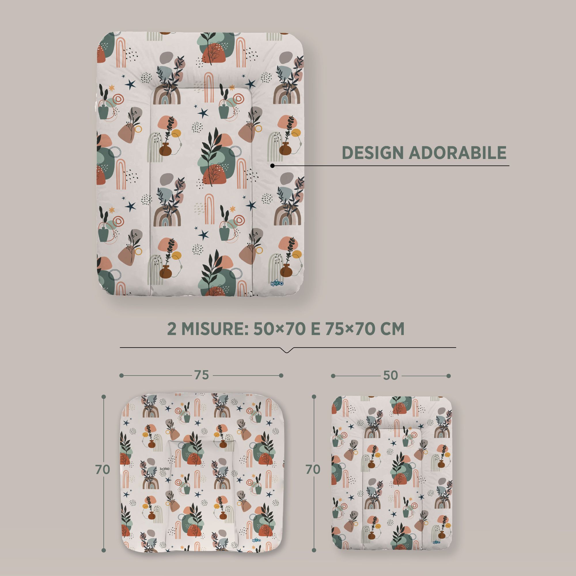 Due materassini per fasciatoio con motivi, dimensioni: 50x70 e 75x70 cm. Sfondo beige.
