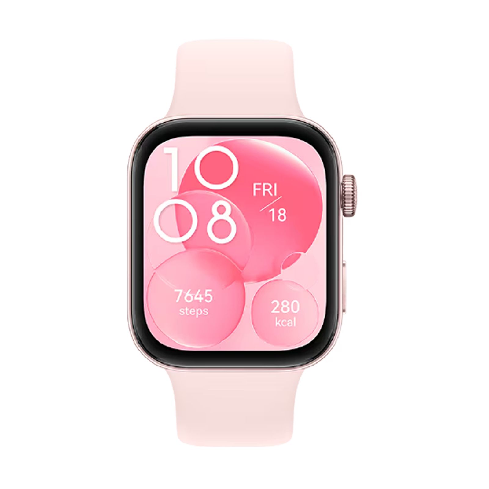 Rosa Smartwatch mit quadratischem Zifferblatt. Zeigt Uhrzeit, Datum und Aktivitätsdaten an. Rosa Armband.