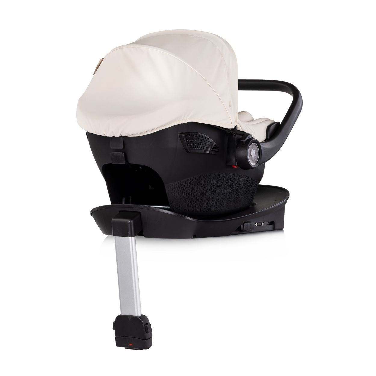 Baby-Autositz mit Verdeck und Basisstation, beige und schwarz.