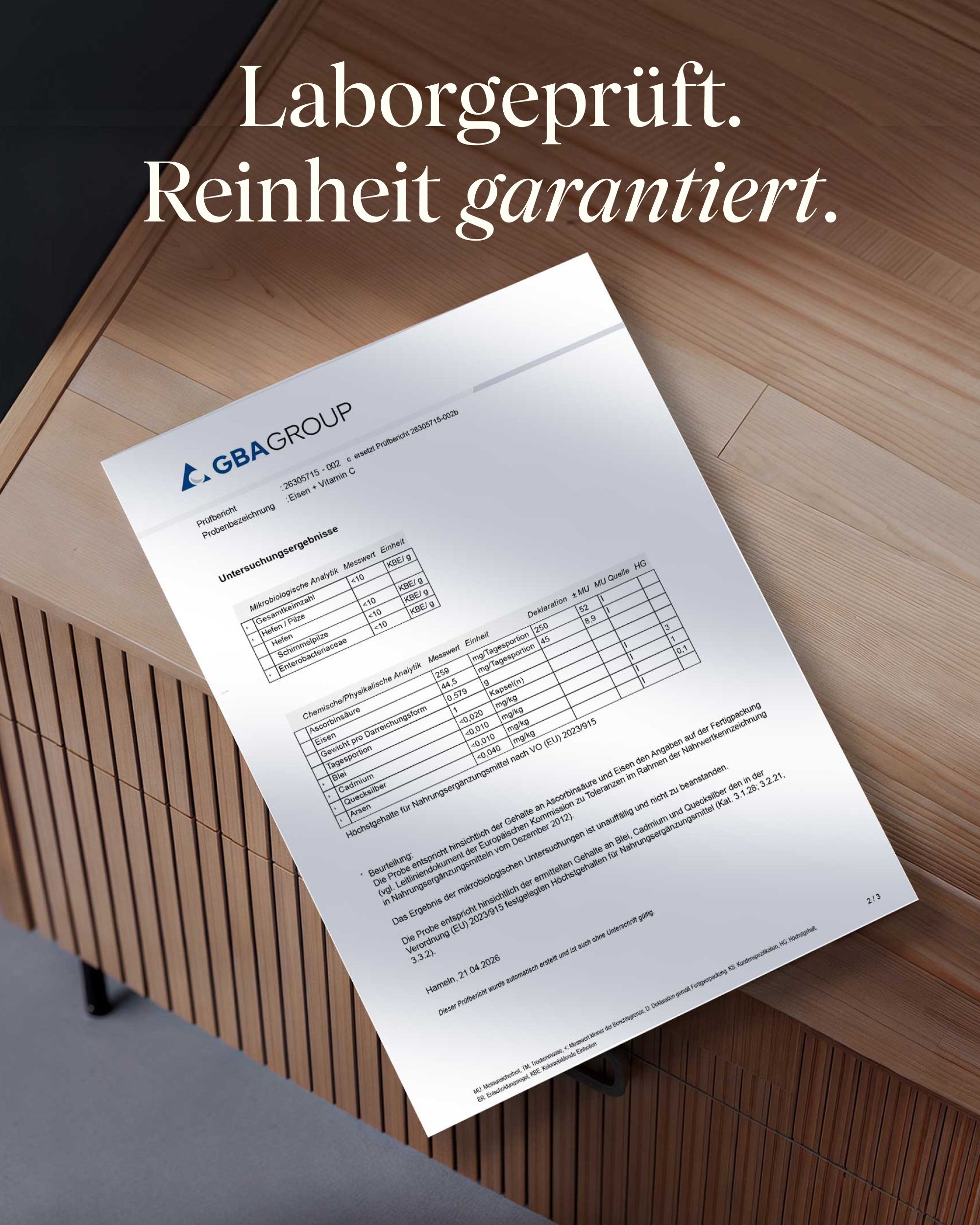 Laborbericht von GBA GROUP für Eisen + Vitamin C. "Laborgeprüft. Reinheit garantiert."
