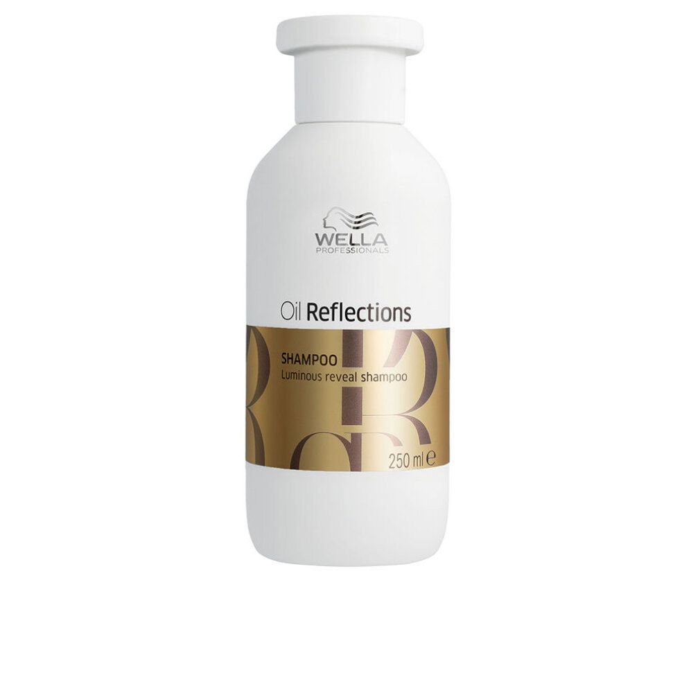 Weiße Shampoo-Flasche mit goldfarbenem Etikett. Aufschrift: Wella Oil Reflections Shampoo. 250 ml.