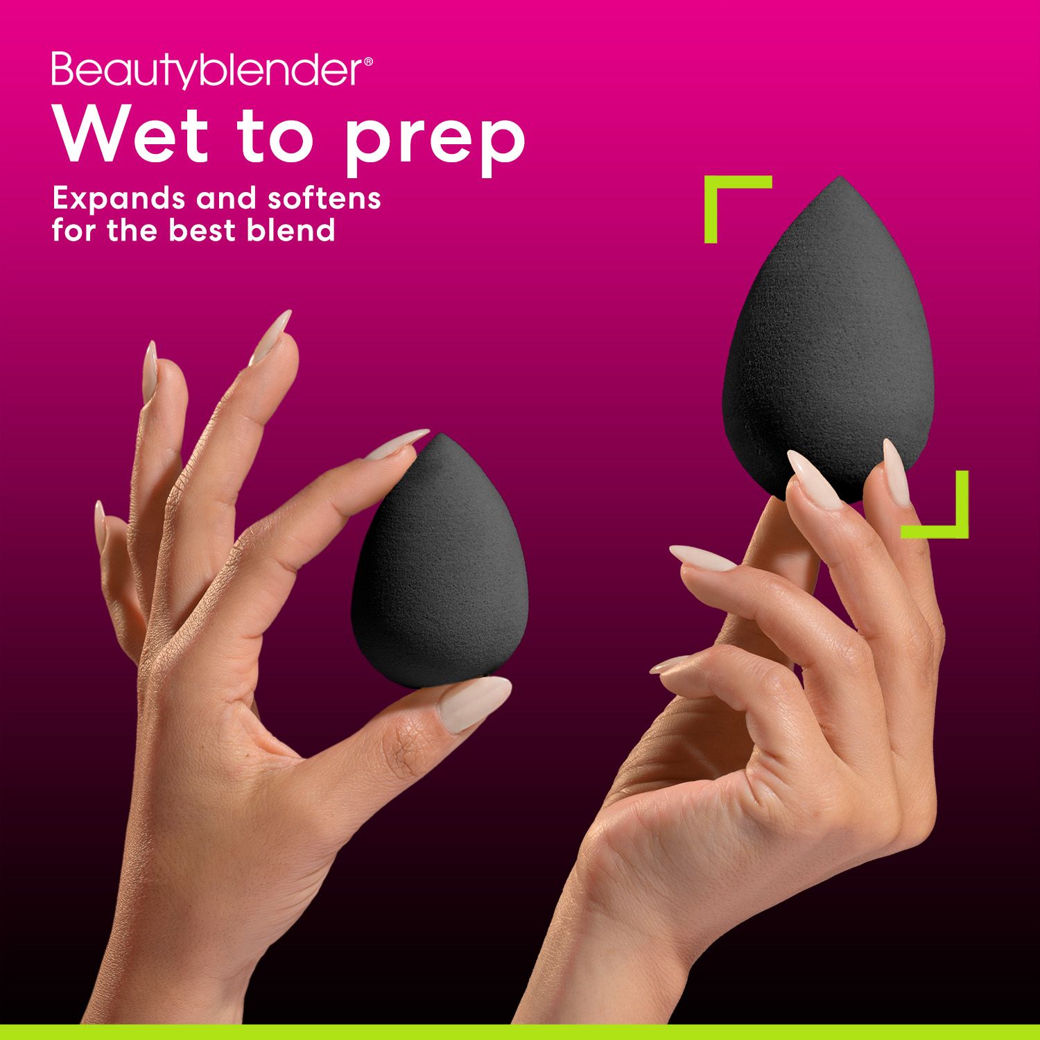 Zwei schwarze Beautyblender Pro. Text: Wet to prep, expands and softens for the best blend.