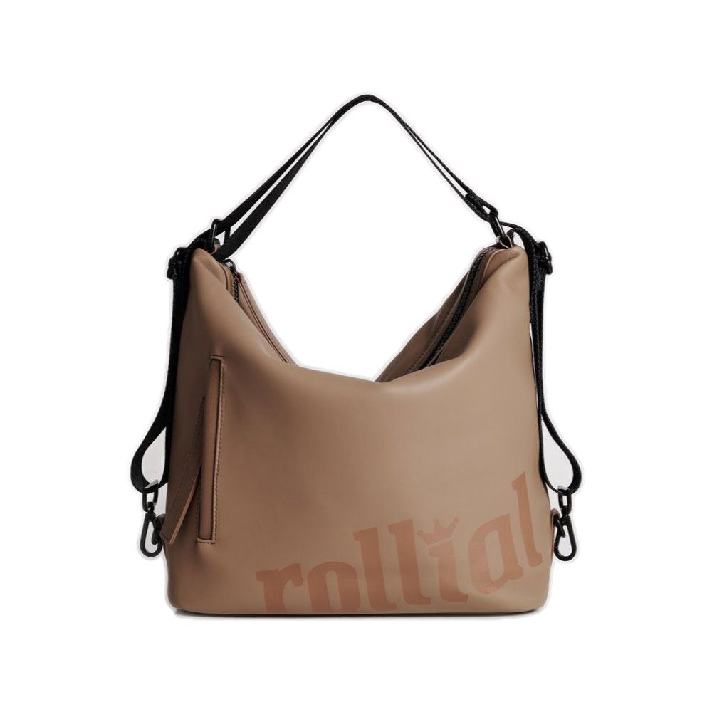 Beige Rollatortasche mit schwarzem Schulterriemen. Aufschrift "rollial".