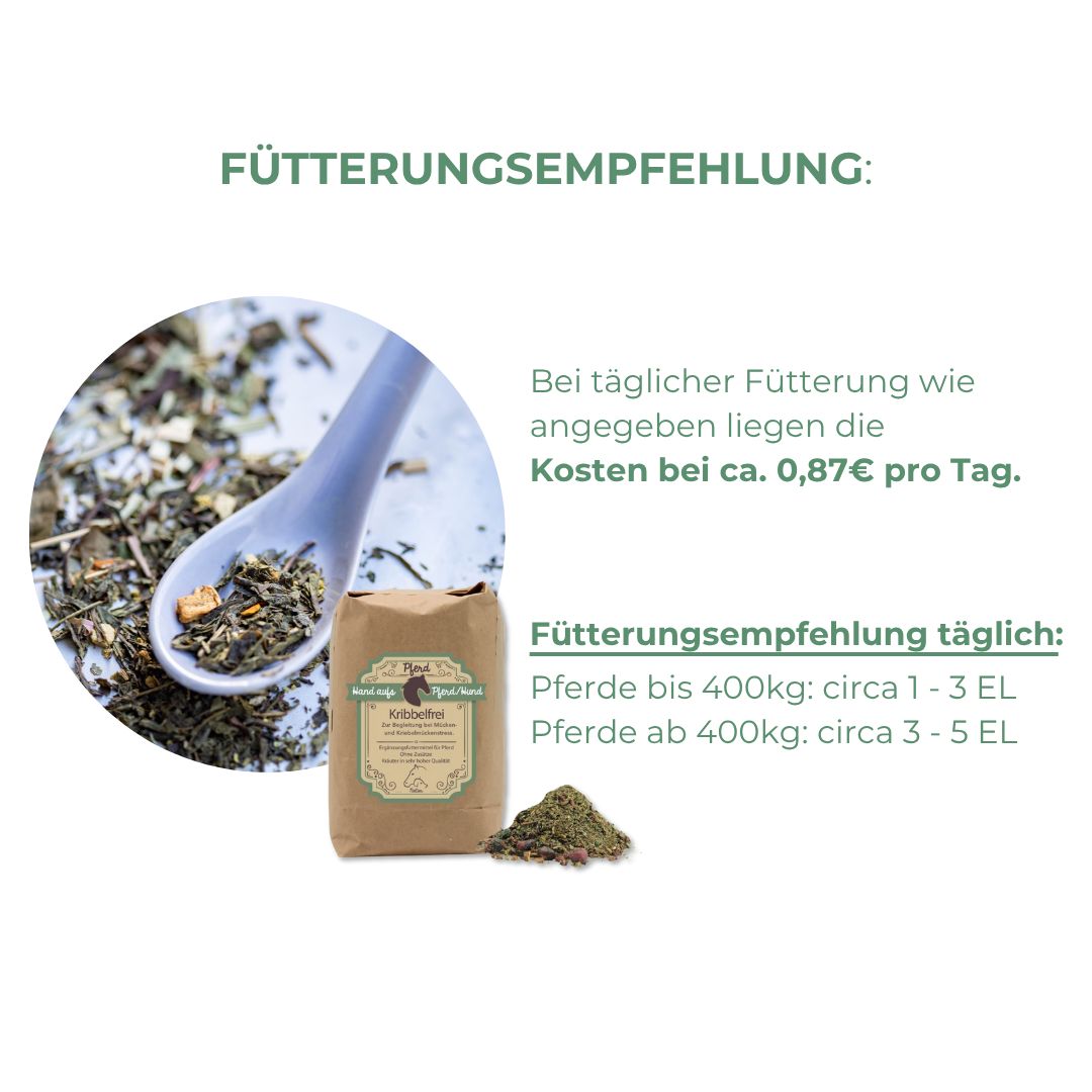 Löffel mit Kräutermischung neben brauner Papiertüte mit Produktetikett. Text: Fütterungsempfehlung. Kosten ca. 0,87€ pro Tag. Fütterungsempfehlung täglich.