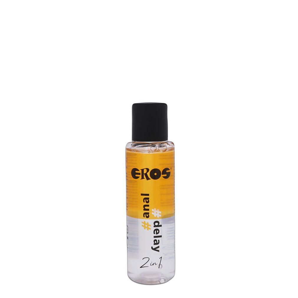 Flasche mit gelb-weißem Etikett. Aufschrift EROS, #anal, #delay, 2in1. Schwarzer Deckel. Transparente Flüssigkeit.