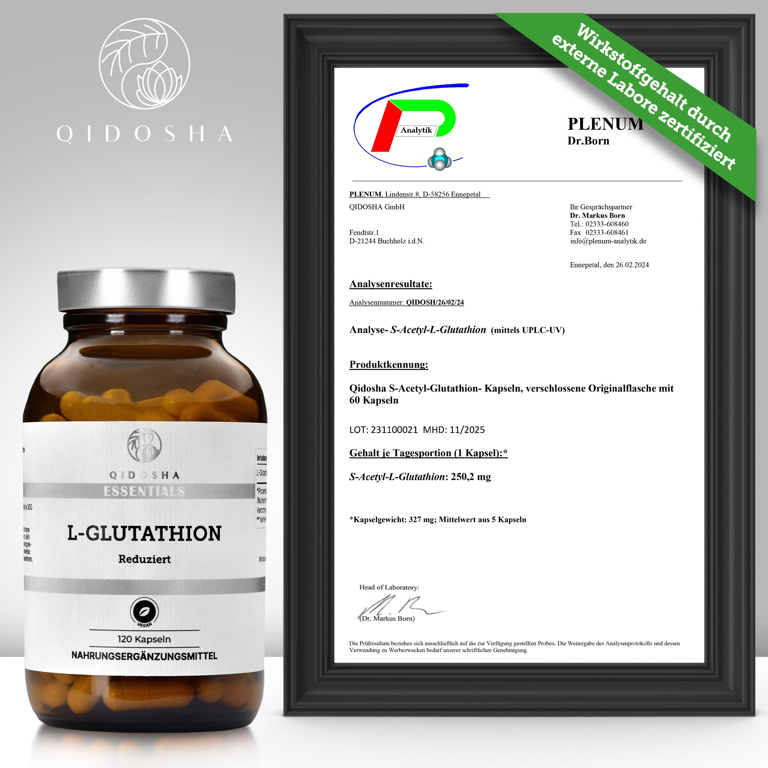 QIDOSHA L-Glutathion: Flasche mit 120 Kapseln neben einem Analysezertifikat von PLENUM Dr. Born.