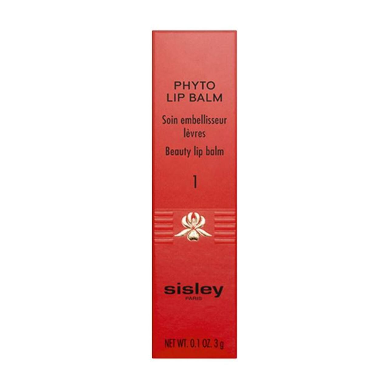 Rote Verpackung für Lippenbalsam. Text: PHYTO LIP BALM, Beauty lip balm, Sisley Paris. Nettogewicht: 0,1 oz. 3g.