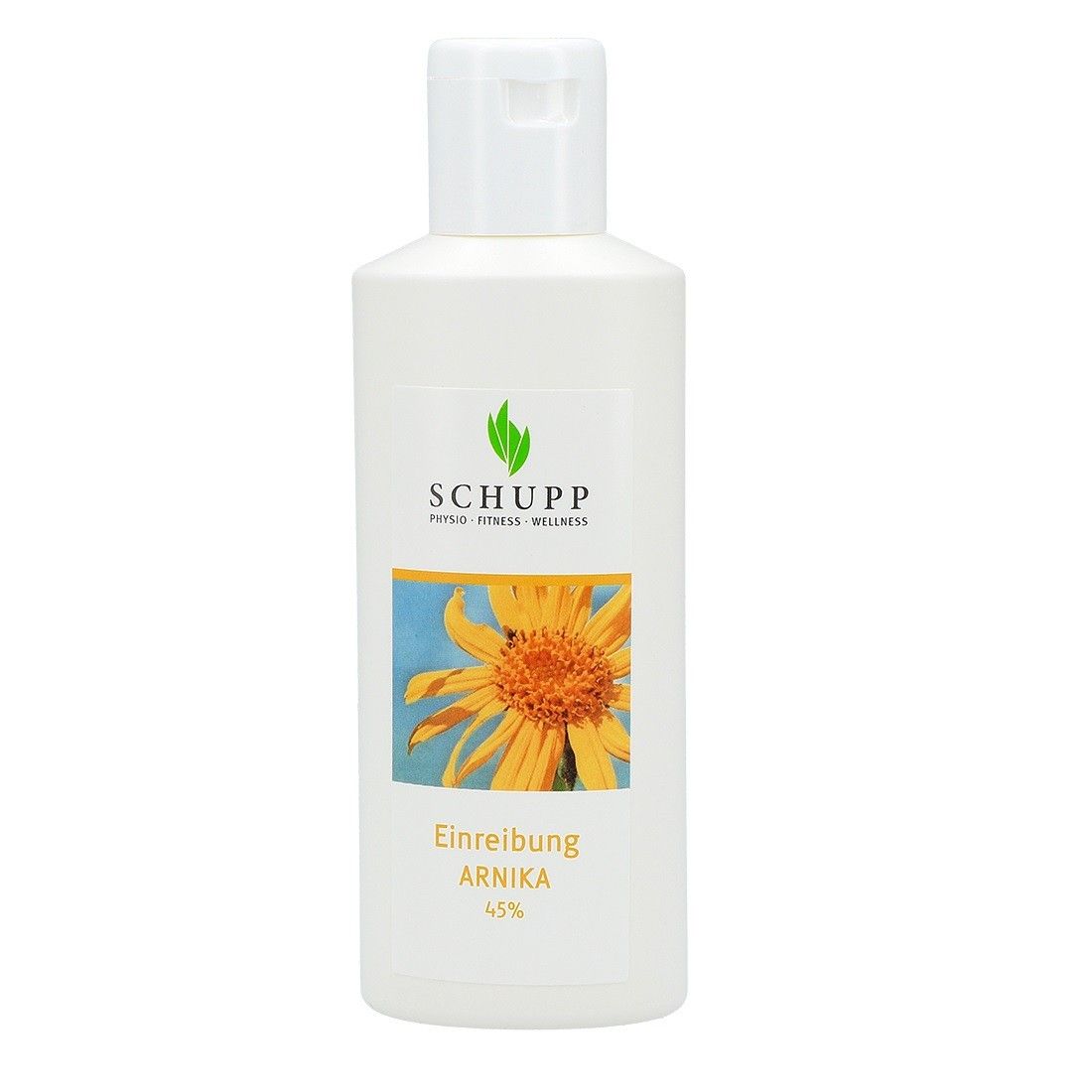 Weiße Flasche mit Klappverschluss. Aufkleber mit Logo, Sonnenblumen-Illustration und Text: Einreibung Arnika 45%.