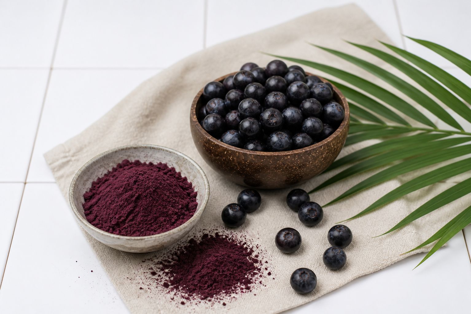 Schale mit Açaí Pulver und frischen Açaí Beeren neben einer Kokosnussschale voller Beeren.
