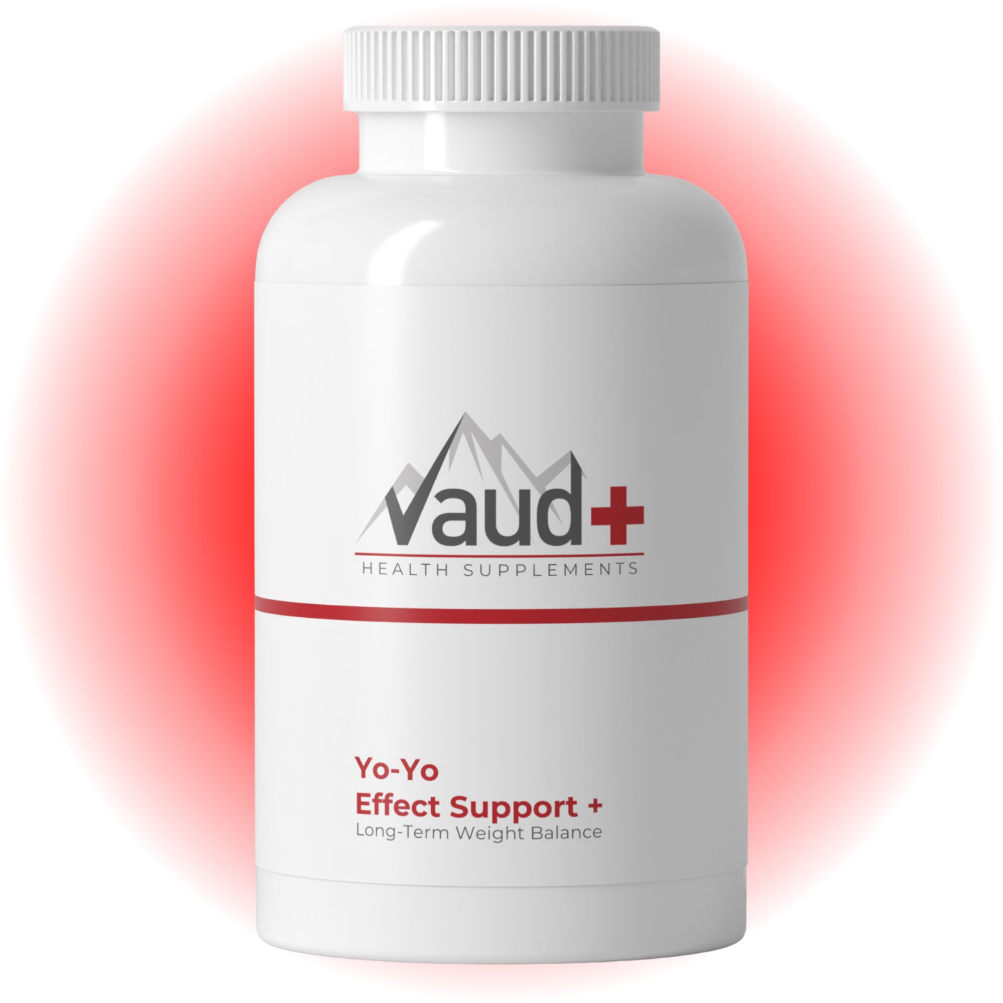 Weiße Flasche mit rotem Streifen und Logo. Text: Yo-Yo Effect Support + Long-Term Weight Balance. Vaud+ Health Supplements.