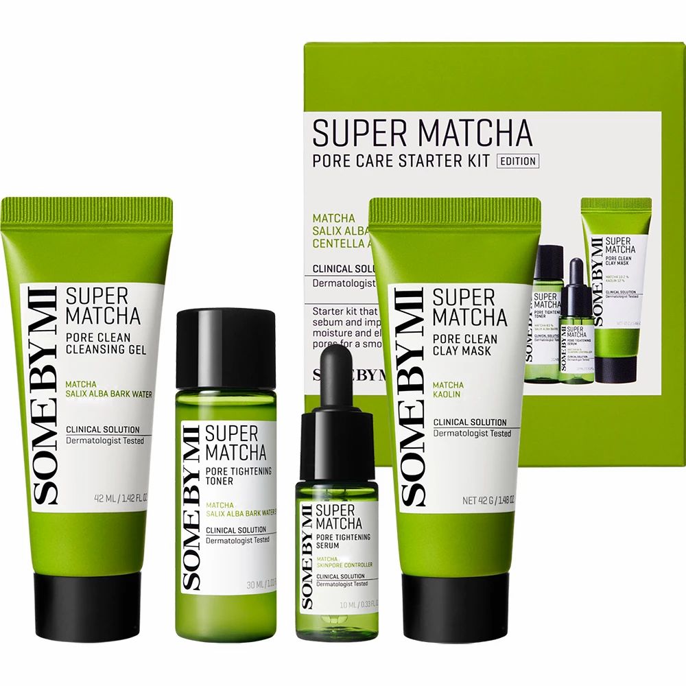 Grünes Set mit Hautpflegeprodukten. Enthält Reinigungsgel, Toner, Serum und Maske. Verpackung mit Produktnamen und Logo.