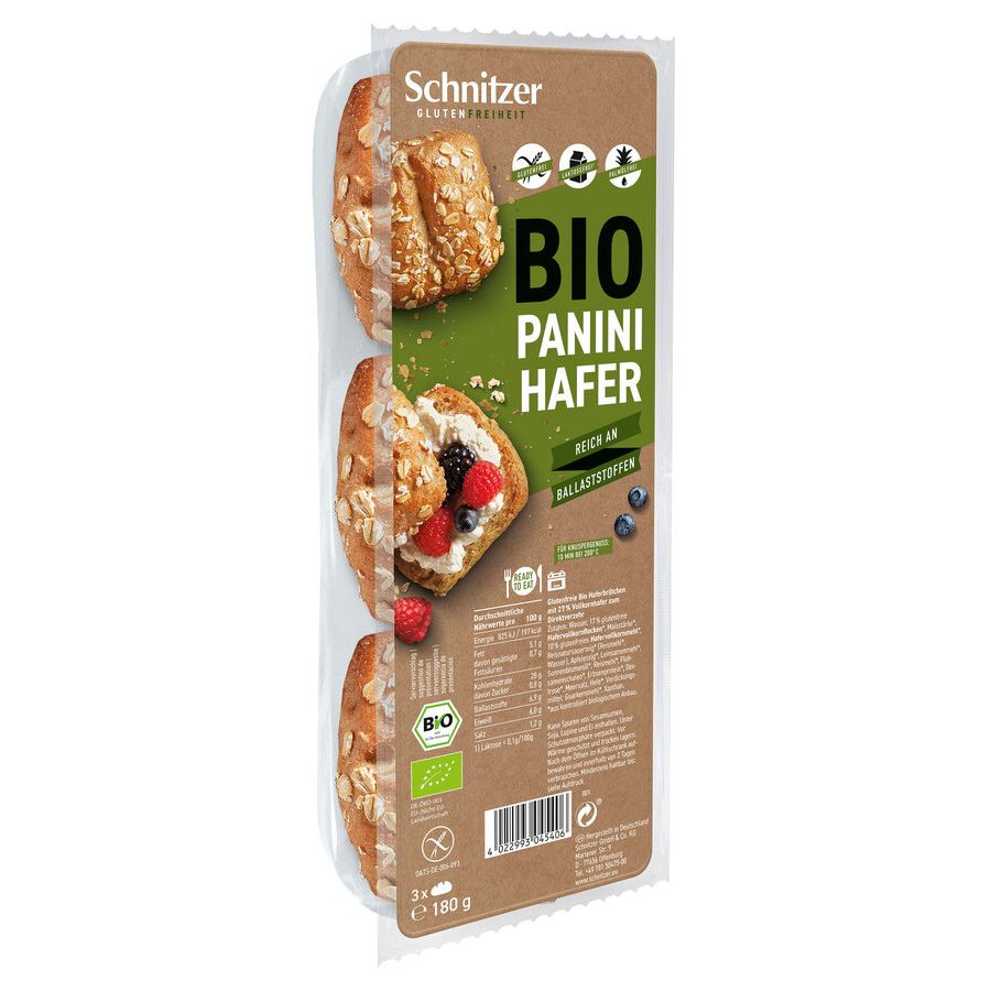 Verpackung mit drei glutenfreien Bio-Panini-Haferbrötchen. Marke Schnitzer. Sichtbar: Produktname, Bio-Siegel, Nährwertangaben.