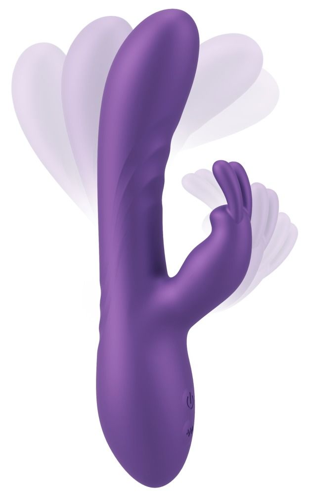Lila Vibrator mit Hasenohren und abgerundeter Spitze. Die flexible Spitze ist in Bewegung dargestellt.
