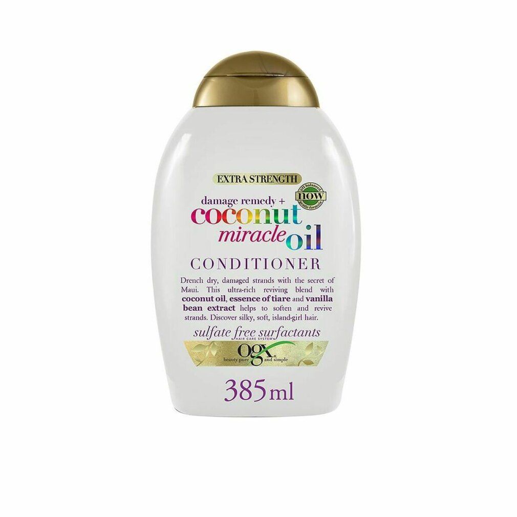 Weiße Flasche mit goldfarbenem Deckel. Aufschrift: Coconut Miracle Oil Conditioner. Volumen: 385 ml. Enthält Kokosöl.