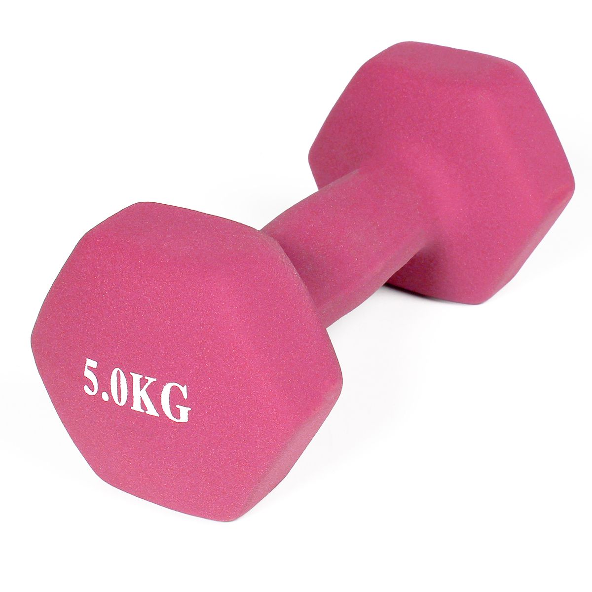 Pinkfarbene Kurzhantel mit Neoprenüberzug. Auf der Hantel steht "5.0KG". Sechseckige Form.