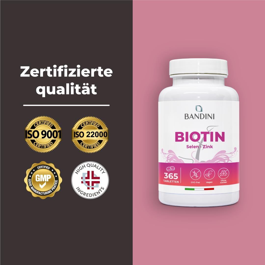Weiße Bandini Biotin-Tabletten-Dose. Aufschrift: Biotin, Selen, Zink. 365 Tabletten. Zertifizierte Qualität. ISO 9001, 22000, GMP.