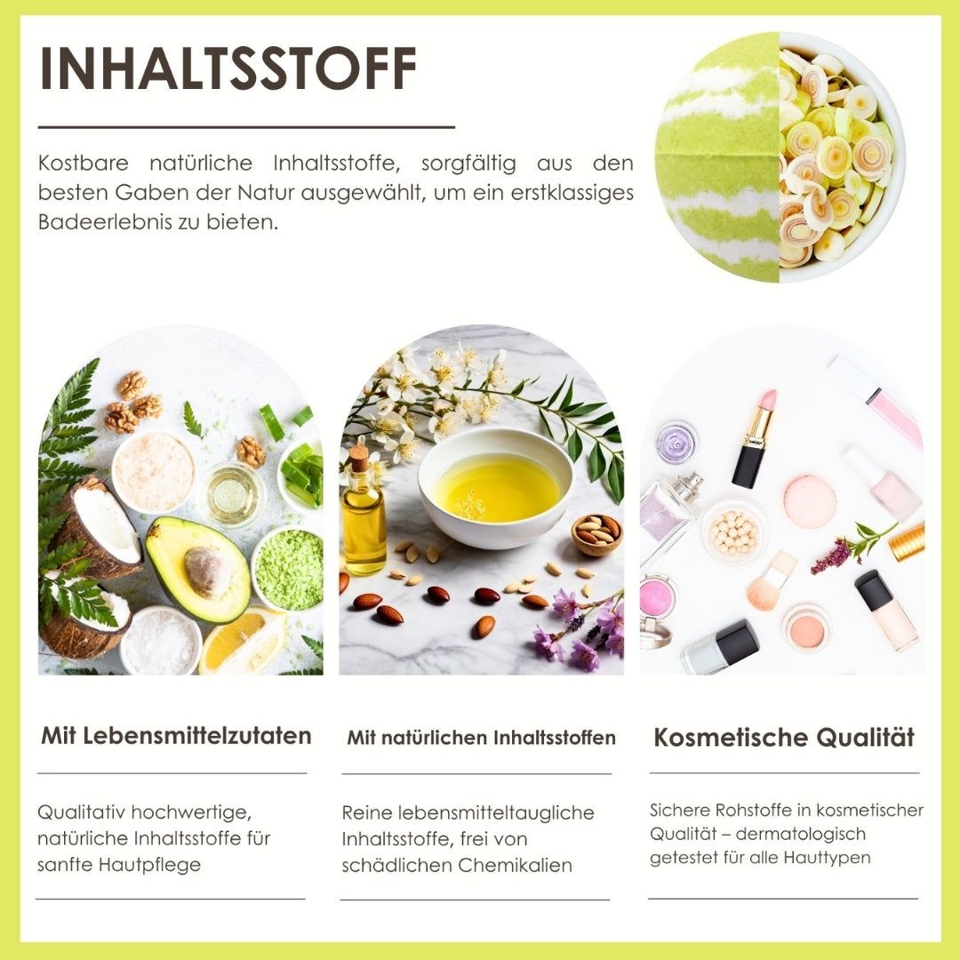 Inhaltsstoffe: Lebensmittelzutaten, natürliche Inhaltsstoffe, kosmetische Qualität. Produkte und Zutaten abgebildet.