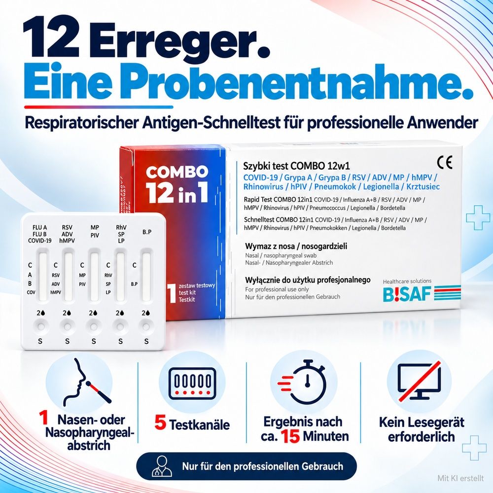 BISAF 12 Erreger Schnelltest: Box, Testkassette, Tupfer. 1 Nasenabstrich, 5 Testkanäle, Ergebnis in 15 Min.