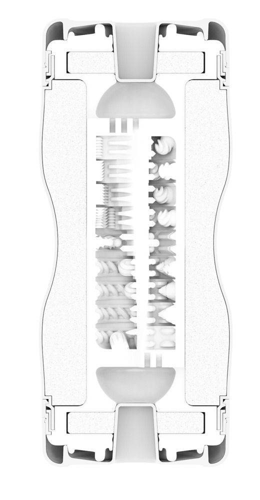 Schnitt durch ein weißes, zylindrisches Produkt. Innenstruktur mit verschiedenen Texturen und Formen. Schwarze Umrandung.