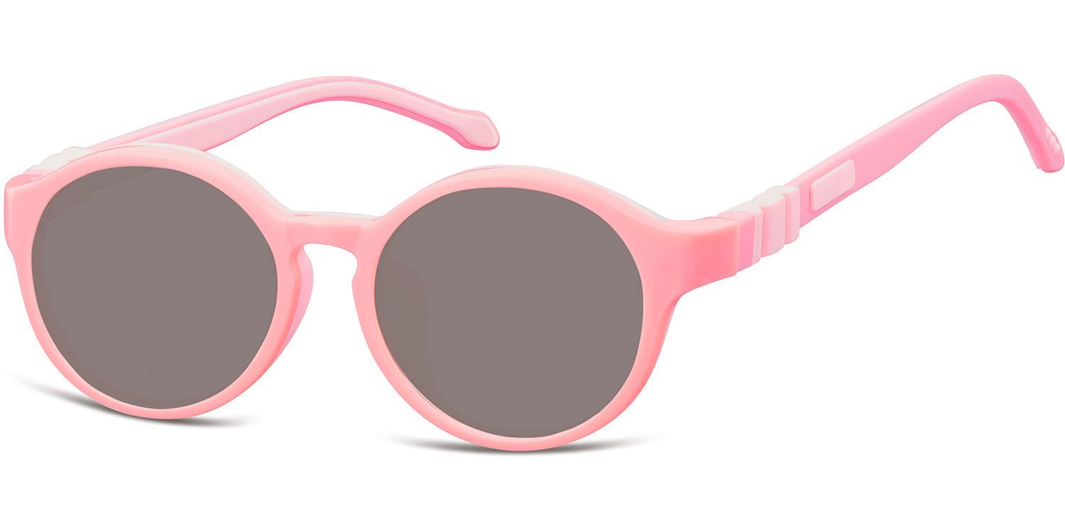Rosa Sonnenbrille mit runden Gläsern. Die Brille hat einen rosafarbenen Rahmen und Bügel. Graue Gläser.