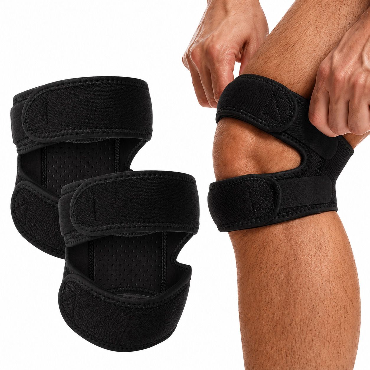Zwei schwarze Kniebandagen mit Klettverschlüssen. Eine Bandage am Bein. Für Sport und Alltag.