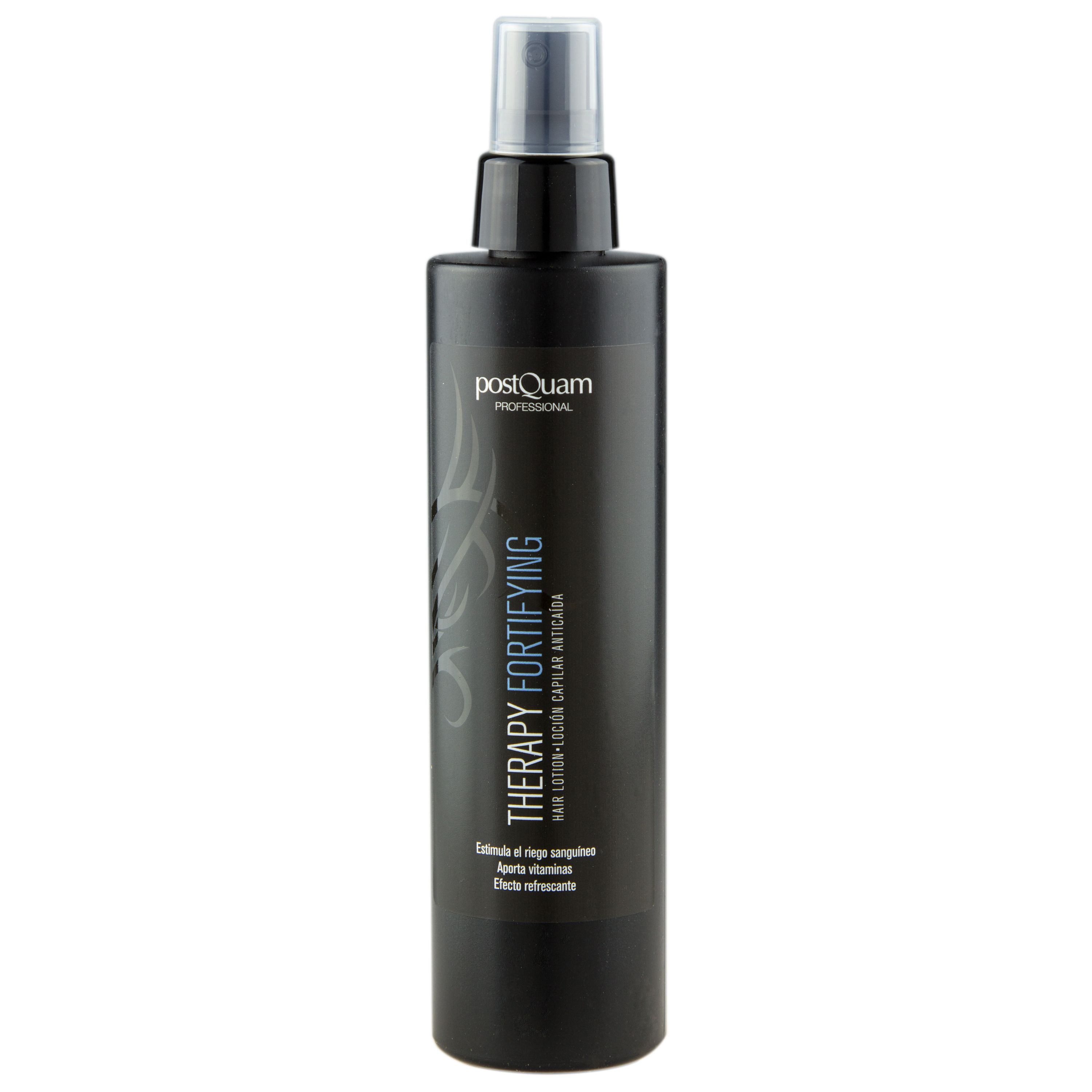 Schwarze Sprühflasche mit weißem Aufdruck. Text: Therapy Fortifying, Hair Lotion. Marke: PostQuam Professional.