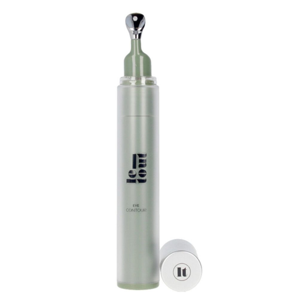 Zylindrische Flasche mit Metallapplikator. Deckel daneben. Aufschrift: Eye Contour.