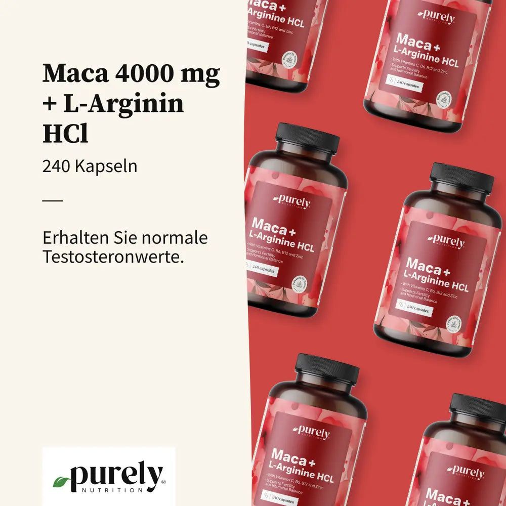 Mehrere Flaschen mit Aufschrift: Maca 4000 mg + L-Arginin HCl, 240 Kapseln. Roter Hintergrund. Logo: Purely Nutrition.