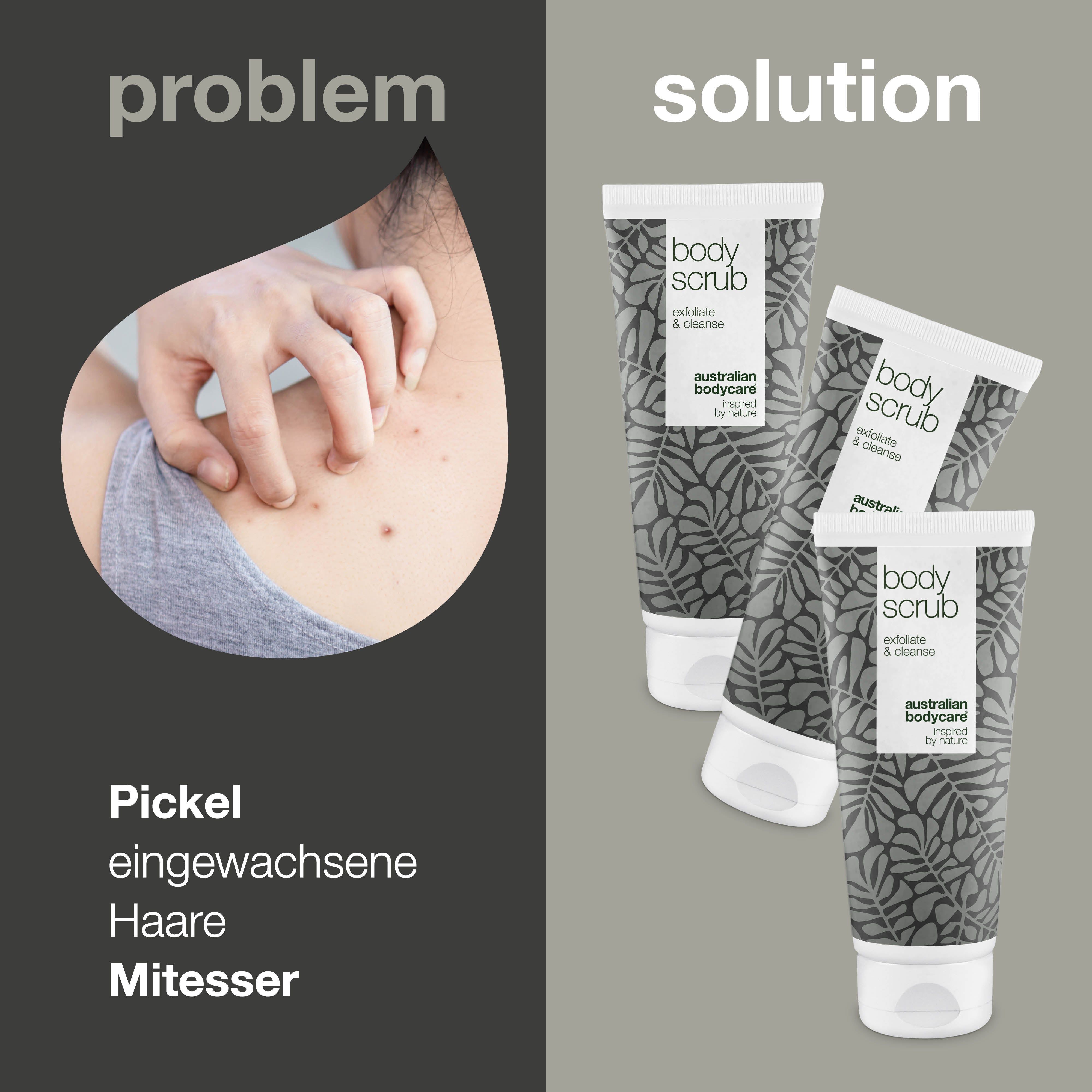Problem: Haut mit Pickeln. Lösung: Drei Tuben Body Scrub, Body Wash, Body Lotion. Text: Pickel, eingewachsene Haare, etc.